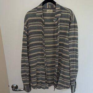 Marine Layer Navy and Beige Striped Button Down Shirt - Larger